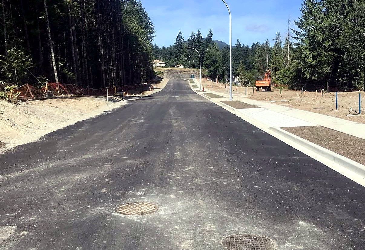 Finished subdivision road with curbs and streetlights